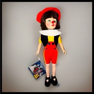 Vintage Effanbee Pinocchio Storybook Doll Felt Hat Clown Nose Tag Stand
